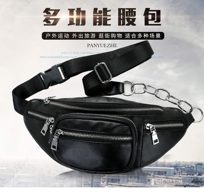 2019 Wholesale OEM 3 Pockets Zipper Classic Black Leather Fanny Pack Custom Logo Men Waist Bag