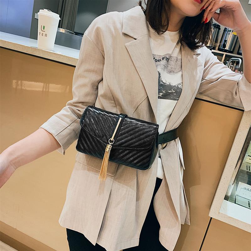New Stylish 2019 Fashion Korea Version Tassel Sewing Leather Small Square Ladies Waist Belt Bag