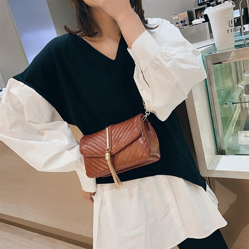New Stylish 2019 Fashion Korea Version Tassel Sewing Leather Small Square Ladies Waist Belt Bag