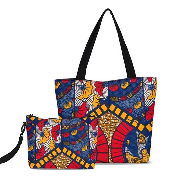 African Print Canvas Handbag Women Girls Shoulder Bags Cosmetic Purse set