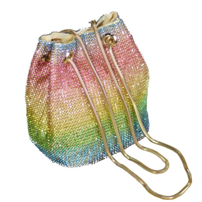 2020 New model boutique rainbow diamond rhinestone evening purse women clutch sling bucket bag
