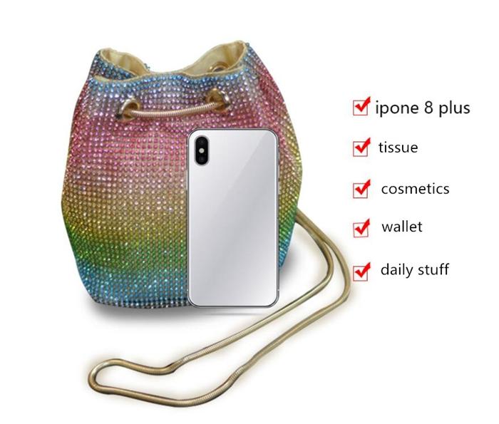 2020 New model boutique rainbow diamond rhinestone evening purse women clutch sling bucket bag