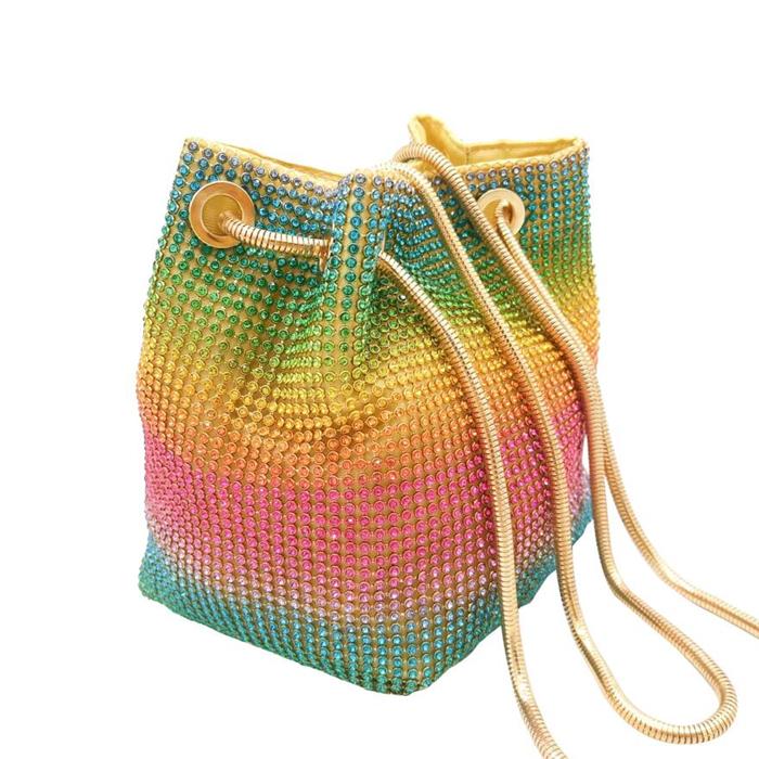 2020 New model boutique rainbow diamond rhinestone evening purse women clutch sling bucket bag
