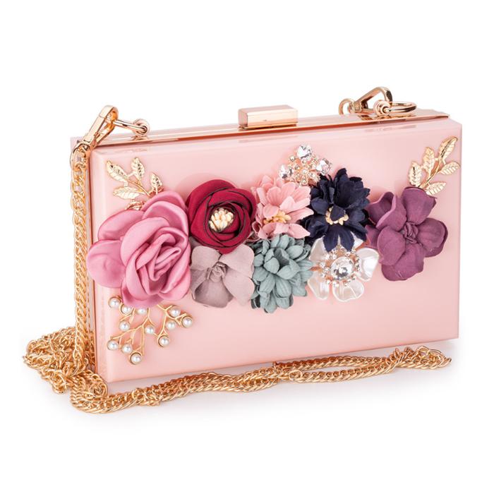 2020 Summer flower pearl transparent clutches wedding evening purse ladies fashion box handbags with chain