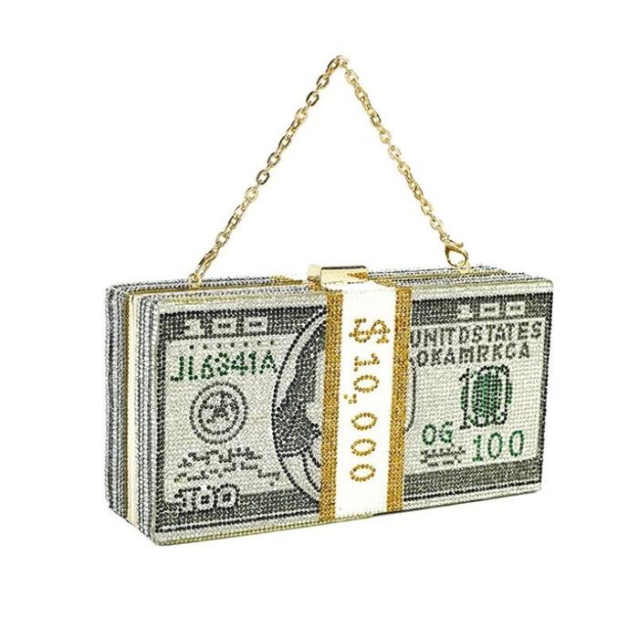 Fashion trendy USD dollar glitter pink bling rhinestone crystal diamond money bag clutch purse