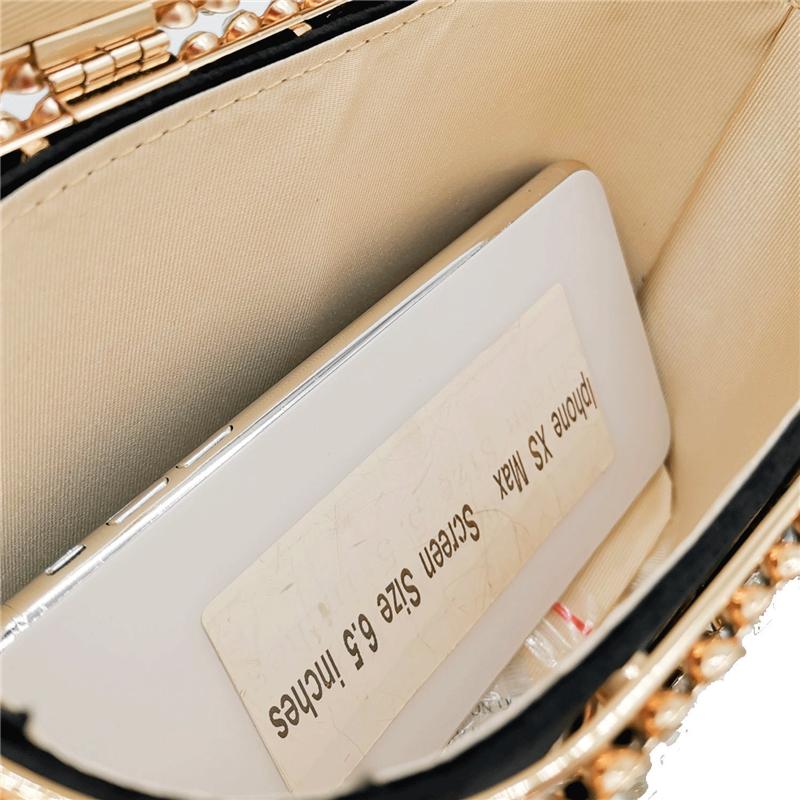 Luxury classy metal bucket frame rhinestone clutch bag evening hand bag with peal beaded strap