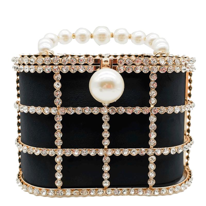 Luxury classy metal bucket frame rhinestone clutch bag evening hand bag with peal beaded strap