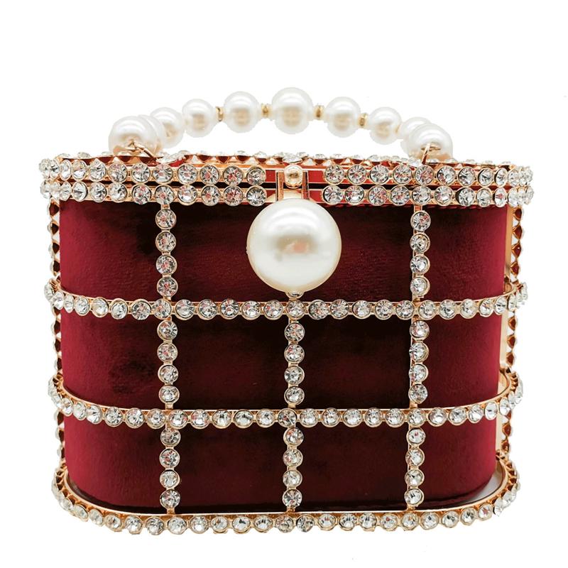 Luxury classy metal bucket frame rhinestone clutch bag evening hand bag with peal beaded strap