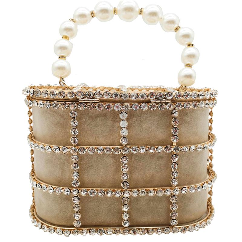 Luxury classy metal bucket frame rhinestone clutch bag evening hand bag with peal beaded strap