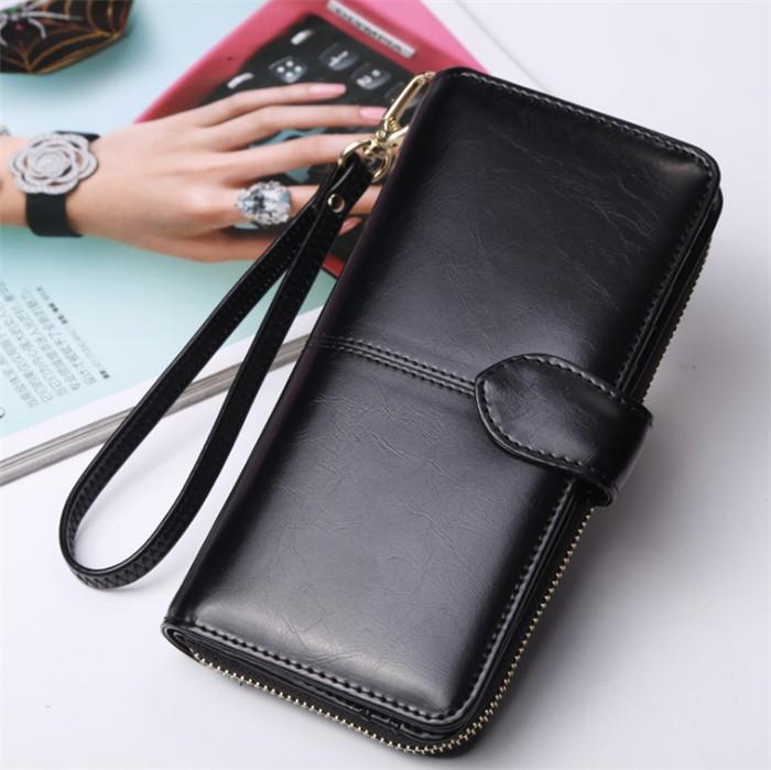 Wholesale dropshipping fashion latest design ladies long clutch purse female wax leather wallet for women